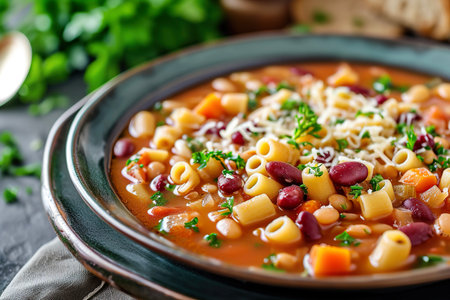 A plate of pasta e fagioli, a classic Italian soup made with pasta, beans, and vegetablesの素材