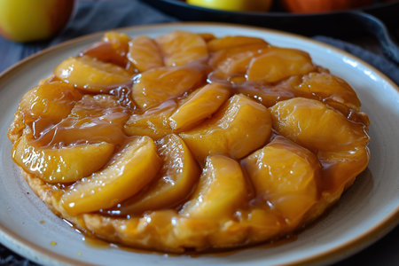 A plate of tarte Tatin, an upside-down apple tart made with caramelized apples and puff pastry.の素材
