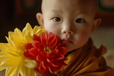 A portrait of a baby Buddhist monk with a red and yellow flowerの素材