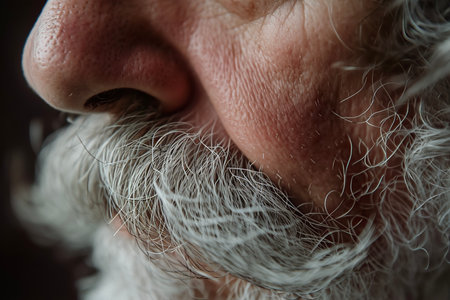 A close-up of head with gray hair and a mustacheの素材