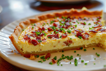 A plate of quiche Lorraine, a savory tart made with eggs, cream, bacon, and cheeseの素材