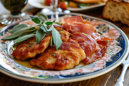 A plate of saltimbocca alla romana, a classic Roman dish made with veal cutlets, prosciutto, and sageの素材