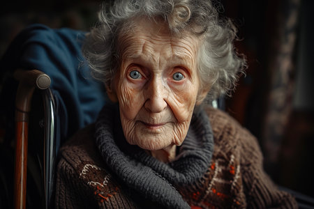 A portrait of an elderly woman in a wheelchair, with a look of curiosity on her face and a cane by her sideの素材