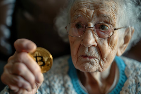 An elderly woman holding a Bitcoin in her hand, with a look of curiosity on her faceの素材