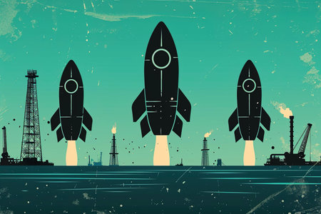 A flat illustration of black rocket silhouettes against a turquoise background with oil derricks in the distanceの素材