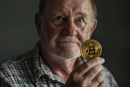A middle-aged man holding a Bitcoin in his hand, with a look of satisfaction on his faceの素材