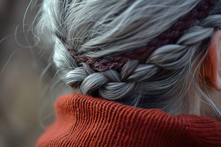 A close-up of head with gray hair and a headbandの素材