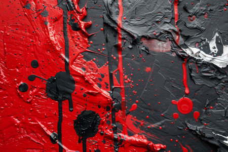 A abstract background of red and black splashes, dripping and splattering on the wall.の素材