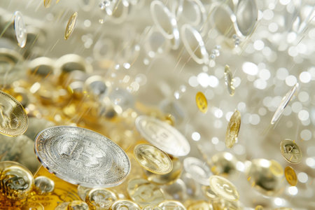 A abstract background of silver and gold coins, dropping and stacking on the floor.の素材