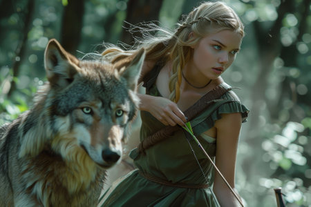 A beautiful girl with braided blonde hair and blue eyes, wearing a green tunic and a bow and arrow, running through a forest with a wolfの素材