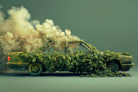 A car, running on fossil fuels, contributing to greenhouse gas emissions and climate changeの素材