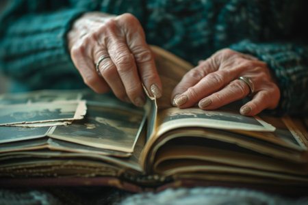 A close-up of a woman's hands as she flips through the pages of a vintage photo album.の素材