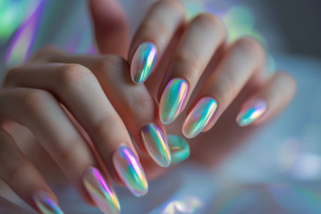 A close-up of a woman's hands with a cool holographic manicure.の素材