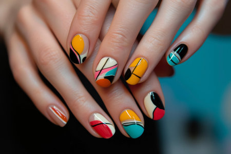 A close-up of a woman's hands with a creative abstract manicure.の素材
