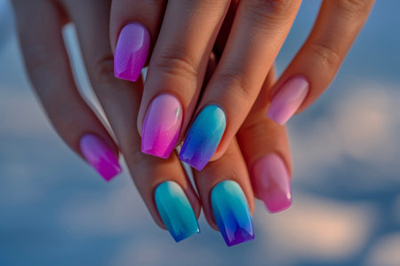 A close-up of a woman's hands with a trendy ombre manicure.の素材
