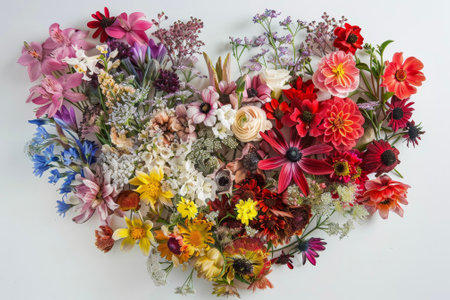 A collage of different types of flowers arranged in the shape of a heartの素材