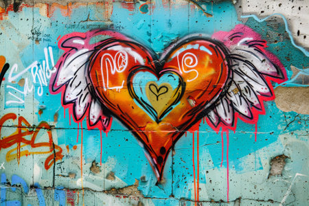 A colorful graffiti of a heart with wings and the initials of a coupleの素材
