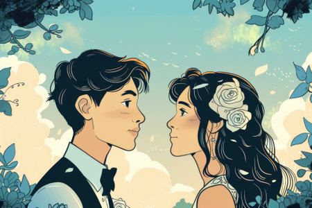 A comic strip of a boy and a girl meeting, falling in love, and getting marriedの素材