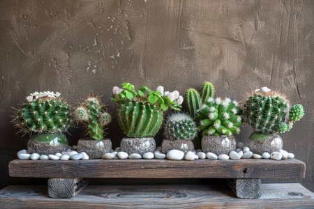 A composition of green cacti and white stones, arranged in a terrarium on a wooden shelf.の素材