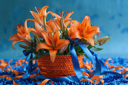A composition of orange lilies and blue ribbons, placed in a orange basket on a blue rugの素材