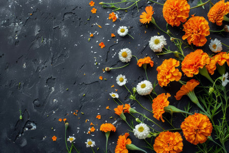 A composition of orange marigolds and white daisies, scattered on a black background.の素材