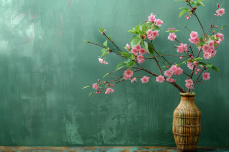 A composition of pink cherry blossoms and green leaves, placed in a bamboo vase on a green wall.の素材