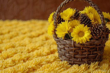 A composition of yellow chrysanthemums and brown pine cones, placed in a brown basket on a yellow rug.の素材