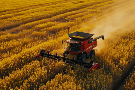 A drone shot of a combine harvester in a field of canola. The bright yellow flowers create a stunning contrast with the harvester.の素材