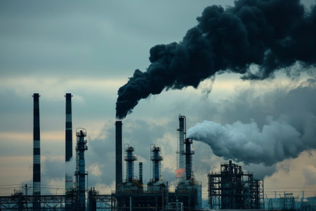 A factory, emitting black smoke and toxic waste, contaminating the air and waterの素材