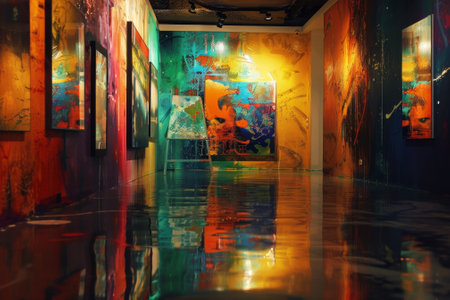 A gallery with a abstract style and a colorful paintingの素材