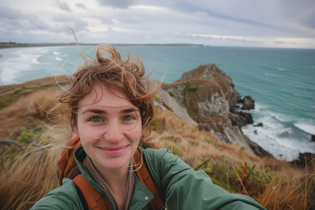 A girl taking a selfie with the ocean in the background.の素材