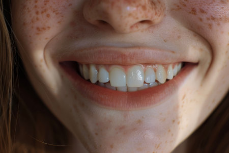 A healthy snow-white smile with a gap between the front teeth and a freckle on the noseの素材