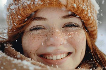 A healthy snow-white smile with a gap between the front teeth and a freckle on the noseの素材