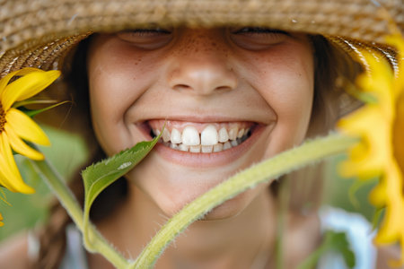 A healthy snow-white smile with a straw hat and a sunflowerの素材