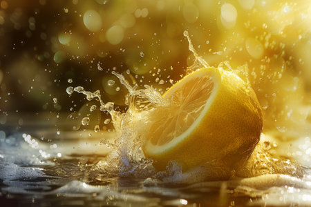 A lemon with a yellow color and a sour taste and a professional overlay on the splashの素材