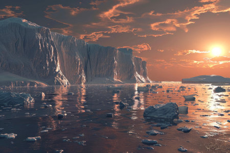A melting glacier, due to global warming, causing sea level rise and flooding.の素材
