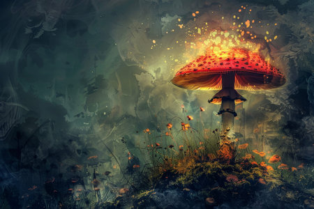 A mushroom with a red color and a cap and a professional overlay on the fantasyの素材