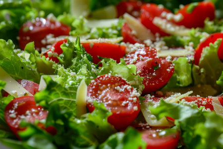 A photo of a fresh salad, made with a lettuce and a tomatoes.の素材