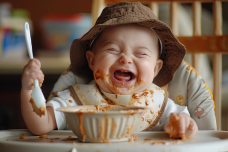 A photo of a smiling baby, wearing a hat and a bib. He is sitting on a high chair and holding a spoon and a bowl.の素材