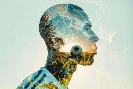 A portrait of a athlete with a double exposure of a ball and a fieldの素材