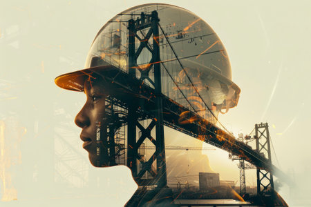 A portrait of a engineer with a double exposure of a blueprint and a bridgeの素材