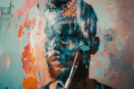 A portrait of a painter with a double exposure of a brush and a canvasの素材