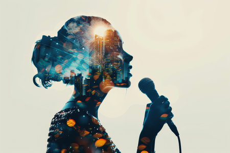A portrait of a singer with a double exposure of a microphone and a crowdの素材