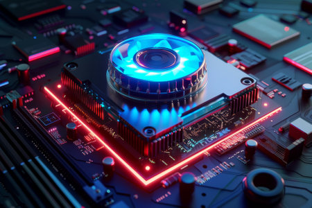 A processor with a blue LED light and a fan on top of itの素材