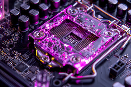 A processor with a purple and silver design and a magic system on itの素材