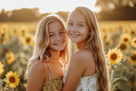 A professional photoshoot of two girls in a field of sunflowers. They are standing full-length, the golden flowers around them.の素材