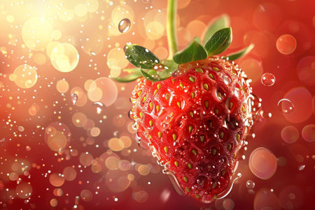 A strawberry with a red color and a sweet taste and a professional overlay on the bubblesの素材