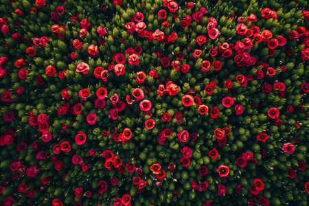 An aerial shot of a field of poppies. The red flowers create a stunning contrast with the green leaves.の素材