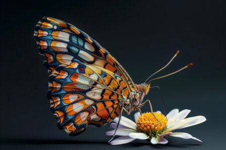The result of a professional shooting of a butterfly with a delicate and patterned wings and a flower on itの素材