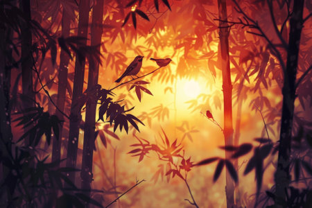 A bamboo forest at dawn. The sun rises, casting warm light through the leaves.の素材